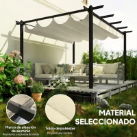 Outsunny Pérgola de Jardín 4x3 m con Techo Retráctil Estructura de Aluminio UPF30+ Orificios de Drenaje Pabellón Exterior Crema(m-4)
