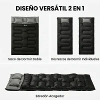 Outsunny Saco de Dormir Doble para Adultos Tamaño Queen para 2 Personas con 2 Almohadas y Bolsa Transporte Negro(m-4)