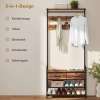 HOMCOM Garderobenständer mit Kleiderhaken, Schuhbank, Industrieller Eingangs-Organizer, Stahlrahmen, Rustikal Braun(m-4)