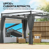 Outsunny Pérgola de Jardín 3x3 m con Techo Retráctil y Cortinas Protección UV30+ Estructura Metálica para Patio Terraza Gris(m-4)
