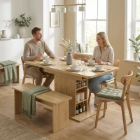 HOMCOM Table à manger extensible rectangle pour 4 à 6 personnes, table de cuisine 110-130 cm, 6 étagères ouvertes, bois naturel(m-2)