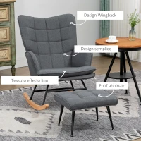 HOMCOM Sedia a Dondolo con Pouf in Tessuto Effetto Lino e Legno con Cuscino, Braccioli, Capacità 130 kg, Grigio(m-5)