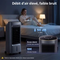 HOMCOM Refroidisseur d'air mobile 4 en 1 humidificateur purificateur ventilateur, oscillation 90°, 4 vitesses, 3 modes, gris(m-8)