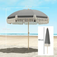 Outsunny 1.7 m Beach Umbrella with Sand Anchor, 30° Tilting Fringed Beach Garden Parasol with Adjustable Height, Grey(m-3)