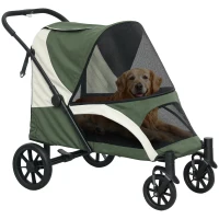 PawHut Foldable Pet Stroller for Large Dogs with Four Big Wheels, Shock-Absorbing Frame, Safety Leashes, Brakes, Dark Green(m-16)