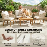 Outsunny Tuinmeubelset 4-delig polyrattan loungeset met tweezitter, 2 stoelen, acaciahouten lamellentafel, dikke wasbare kussens(m-6)