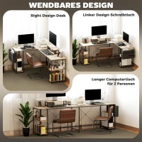 HOMCOM L-förmiger Schreibtisch, Vielseitiger Bürotisch mit einstellbaren Regalen und Aufbewahrungstasche, Monitorständer, Natur(m-5)