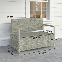 Outsunny Gartenbank Polyrattan 170L 2-Sitzer Sitzbank mit Stauraum abnehmbar Kissen Reißverschluss-Innenauskleidung Holz-Armlehne(m-3)