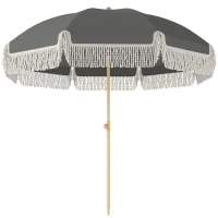 Outsunny 1.7 m Beach Umbrella with Sand Anchor, 30° Tilting Fringed Beach Garden Parasol with Adjustable Height, Grey(m-11)