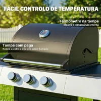 Outsunny Barbecue a Gás com 3 Queimadores 8,1 kW Termómetro Grelhas Mesas Laterais Armário e Rodas 109x50x109 cm Preto(m-6)