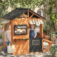 AIYAPLAY Cabane enfant extérieur en bois, maison enfant extérieur/intérieur avec cuisine de jeu, fenêtres, porte et banc, marron(m-10)