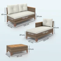 Outsunny Set de mobilier de grădină din ratan PE, cu canapea pentru 2 persoane, chaise longue și măsuță de cafea, crem(m-3)
