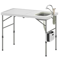 Outsunny Mesa de Limpieza de Pescado Plegable con Altura Regulable Fregadero Grifo Manguera Cesta Plegable Ranuras y Bolsa(m-11)