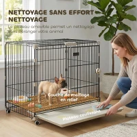 PawHut Cage pour Chien Pliable, Plateau Amovible, Roues avec Freins, Toit Ouvrant, Porte de Nourrissage, 75,5x46x64,5cm, Noir(m-7)