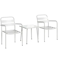 Outsunny Bistroset 3 teiliges Metall Gartenmöbel-Set mit 2 Gartenstühlen, Glastisch, Lamellen-Design, Rostbeständig(m-1)