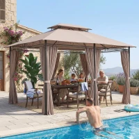 Outsunny Cenador para Jardín 3x4 m Pabellón de Jardín Gazebo con Doble Techo 6 Paredes Laterales Estructura Metálica Caqui(m-7)