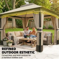 Outsunny 3 x 3.6 m Outdoor Garden Gazebo with Netting and Curtains, Double Roof Patio Gazebo Permanent Pavilion, Khaki(m-5)