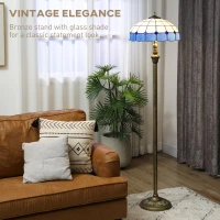 HOMCOM Tiffany-Style Floor Lamp with Handcrafted Stained Glass Shade, 152cm Tall Vintage Standing Lamp with Foot Switch and Dual Sockets for Living Room Bedroom, Bronze Tone and Blue(m-4)