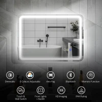 HOMCOM 500 x 700 mm Bluetooth Bathroom Mirror with LED Lights, Illuminated Backlit Wall Mounted Vanity Mirror with 3 Colours Dimmable, Anti-Fog, Memory & Touch Switch, IP44(m-4)