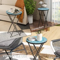 Outsunny Mosaic Outdoor Garden Table, 35.5cm Round Folding Coffee Table with Metal Frame for Balcony Terrace, Blue(m-7)