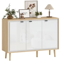 HOMCOM Buffet à haute brillance, meuble de rangement avec 3 portes, étagères réglables, 107 x 35 x 77 cm, blanc et chêne(m-11)