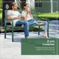 Outsunny stalen tuinbank, 2-zits parkbank met rugleuning en armleuning, bank met bloemmotief, voor tuin, balkon, max. 240 kg, donkergroen, 127 x 63 x 83 cm(m-5)