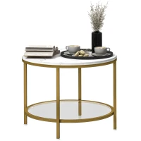 HOMCOM Modern Round 2-Tier Coffee Table with Faux Marble Top and Tempered Glass Shelf, Ø 60 x 45 cm, White and Gold(m-10)