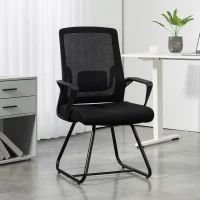 HOMCOM Chaise de bureau ergonomique sans roulettes, chaise de conférence avec dossier en maille, soutien lombaire, noir(m-2)
