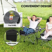 Outsunny Set of 2 Reclining Folding Camping Chair w/ Detachable Footrest, Storage Bag, Cup Holder & Headrest, Lightweight Portable Camp Chair for Beach, Picnic, Grey and Black(m-5)