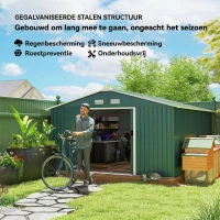 Outsunny Tuinschuur, Weerbestendig Tuinhuis voor Tuingereedschap, met Ventilatieramen, Schuifdeuren, Staal, Donkergroen(m-4)