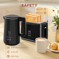 HOMCOM zestaw czajnik i toster ze stali nierdzewnej, 1,5 l, 2200 W, automatyczne wyłączanie, funkcja podtrzymywania ciepła 40–100°C, toster na 2 kromki z 7 poziomami opiekania, funkcje rozmrażania i podgrzewania, wyświetlacz LED, czarny(m-7)