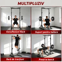 SPORTNOW Suport pentru Genuflexiuni Reglabil pe Înălțime, Suport Dublu pentru Haltere cu Spațiu Depozitare și Bară Tracțiuni, Rack Multifuncțional pentru Antrenamente Acasă sau Birou, Max 200 kg, Negru(m-4)