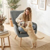 HOMCOM Modern Accent Chair Velvet Tufted Wingback Armchair Upholstered Leisure Club Chair with Wood Legs, Grey(m-8)