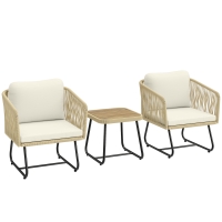 Outsunny Set bistró de ratán 3 piezas set de muebles de jardín FSC con 2 sillones, mesa de lamas de madera, cojines gruesos lavables, estructura de acero