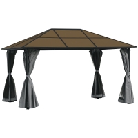 Outsunny Tonnelle pavillon de jardin avec toit rigide polycarbonate imperméable 4 parois latérales anti-UV moustiquaires 4 x 3 m gris foncé et noir