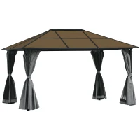 Outsunny Tonnelle pavillon de jardin avec toit rigide polycarbonate imperméable 4 parois latérales anti-UV moustiquaires 4 x 3 m gris foncé et noir(m-1)