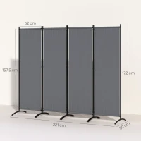 Outsunny 4 Panel Folding Room Divider, 1.7m Privacy Screen with Wide Feet, Portable Freestanding Metal Partition Separator for Office, Living Room, Bedroom, Dining Room, Dark Grey(m-3)