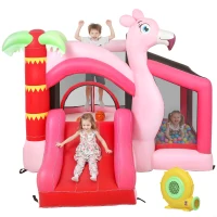 AIYAPLAY Castel Gonflabil pentru Copii 4 în 1, Tobogan, Trambulină, Piscină cu Bile, Coș de Baschet, Mingi de Baschet, Tematică Flamingo, Ventilator, Geantă de Transport, Interior Exterior, 255x230x196cm, Roz(m-10)