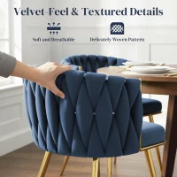 HOMCOM Velvet-Feel Dining Chairs Set of 2, Modern Upholstered Armchair with Knot Design and Golden Metal Legs, Accent Chair for Dining Room, Bedroom, Kitchen, Living Room, Dark Blue(m-6)