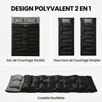 Outsunny Sac de Couchage Double, Modulable en 2 Sacs pour 2 Personnes, 2 Oreillers, Section Tête, 400 g/m², 220x160x10cm, Noir(m-4)