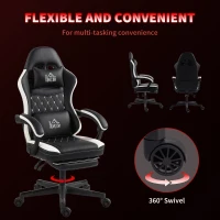 HOMCOM Fotel gamingowy z podnóżkiem, komputerowy z podparciem głowy i poduszką, obicie ze skóry ekologicznej, obrotowy, regulowany, metal, tworzywo sztuczne, czarno-biały(m-6)