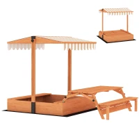 AIYAPLAY Kids Sand Pit with Lid, Wooden Sandpit with Canopy, Foldable Picnic Table, Bench Seats, Bottom Liner for Patio Garden(m-1)