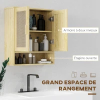 HOMCOM Bathroom Wall Cabinet Wall-Mounted WC Unit with Double Doors and Open Shelf 59 x 20 x 66.5 cm Oak Wood Effect(m-5)