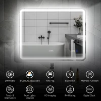 HOMCOM 700 x 900 mm Bluetooth Bathroom Mirror with LED Lights, Illuminated Backlit Wall Mounted Vanity Mirror with 3 Colours Dimmable, Clock, Anti-Fog, Memory & Touch Switch, IP44(m-4)