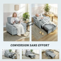 HOMCOM Fauteuil convertible 1 place 3 en 1, fauteuil-lit clic-clac en chenille, assise large dossier réglable, 88x84x87cm, gris(m-4)