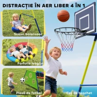 AIYAPLAY Set de Leagăne 4-în-1 pentru Copii, cu 2 Leagăne, Coș de Baschet, Poartă de Fotbal, Cadru din Oțel în Formă de A, Capacitate 150 kg, pentru Exterior, 3-8 Ani, 288x160x220 cm(m-4)