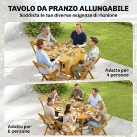 Outsunny Set Pranzo 7 Pezzi, Tavolo Estensibile Legno e 6 Sedie Pieghevoli per Giardino(m-5)
