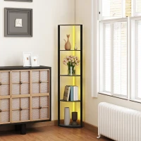 HOMCOM RGB LED Floor Lamp with Shelves, 5-Tier Dimmable Standing Lamp with Adjustable Brightness and Remote Control, Modern Corner Display Shelf Unit for Living Room Bedroom Office, Black(m-7)