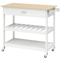 HOMCOM Carrinho de cozinha com armazenamento, ilha de cozinha móvel com ampla bancada, gaveta, 2 prateleiras abertas, suporte para toalhas, Branco(m-1)