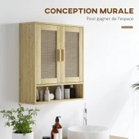 HOMCOM Bathroom Wall Cabinet Wall-Mounted WC Unit with Double Doors and Open Shelf 59 x 20 x 66.5 cm Oak Wood Effect(m-7)
